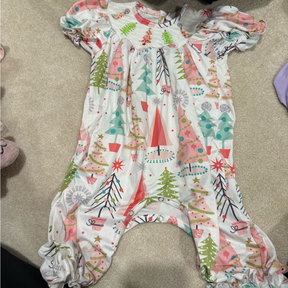 Christmas Smock Kids One Piece in Pink and Green